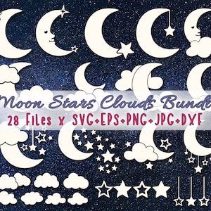 Pode incluir: Um pacote de download digital de 28 arquivos SVG, EPS, PNG, JPG e DXF com ilustrações de lua, estrelas e nuvens. As ilustrações são brancas sobre um fundo azul escuro com textura brilhante.