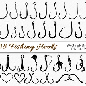 Paquete de vectores SVG de anzuelos de pesca / 38 siluetas de anzuelos de pesca clipart y archivos de corte