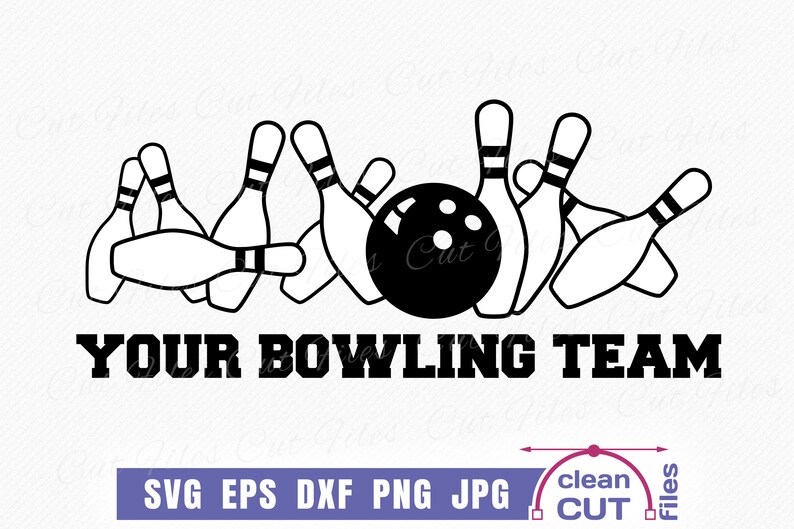 May include: Black and white illustration of bowling pins and a bowling ball with the text "YOUR BOWLING TEAM".