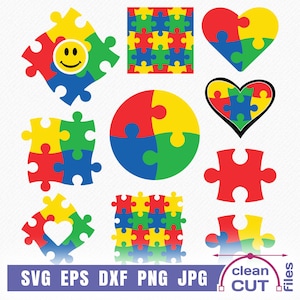 May include: A set of ten digital cut files featuring various designs of puzzle pieces in red, yellow, blue, and green. The designs include a heart, a circle, a square, and a single puzzle piece. The text "clean cut" is included in the image.