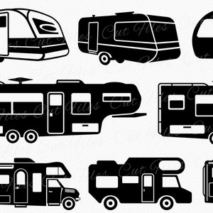 May include: A set of nine black and white silhouette illustrations of different types of RVs. The illustrations include a travel trailer, a fifth wheel, a class A motorhome, and a class C motorhome.