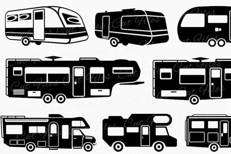 May include: A set of nine black and white silhouette illustrations of different types of RVs. The illustrations include a travel trailer, a fifth wheel, a class A motorhome, and a class C motorhome.