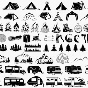 May include: Black and white silhouette illustrations of camping and RVing related items.  The images include tents, campfires, trees, mountains, RVs, and trailers.