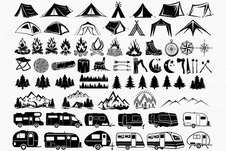 May include: Black and white silhouette illustrations of camping and RVing related items.  The images include tents, campfires, trees, mountains, RVs, and trailers.