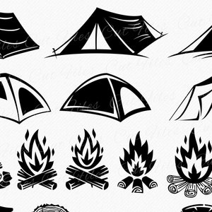 May include: Black and white silhouette illustrations of camping tents and campfires. The tents are in various styles, including dome tents, A-frame tents, and teepees. The campfires are depicted with flames and logs.