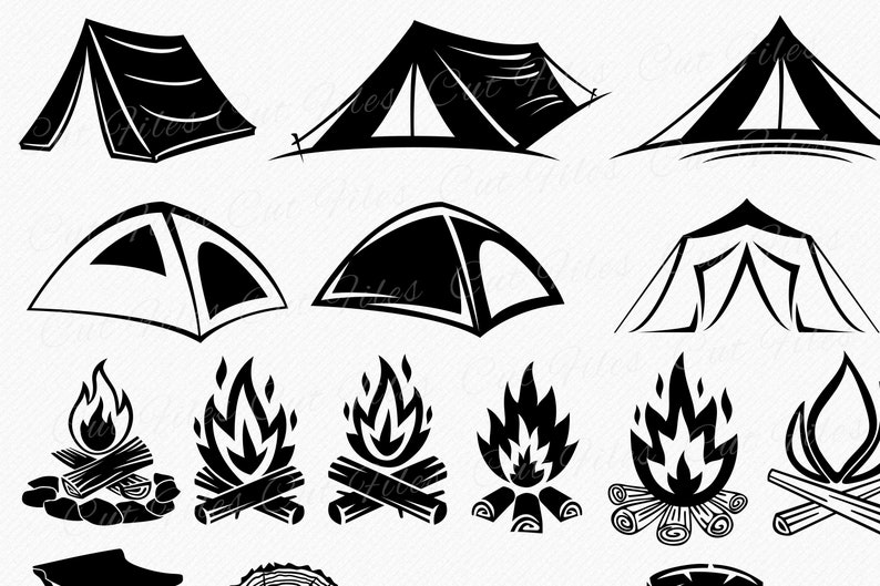 May include: Black and white silhouette illustrations of camping tents and campfires. The tents are in various styles, including dome tents, A-frame tents, and teepees. The campfires are depicted with flames and logs.