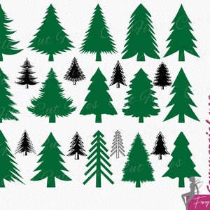 Op de afbeelding: Een set van 18 silhouetbeelden van groenblijvende bomen in verschillende maten en vormen. De bomen zijn allemaal groen en zijn zwart omlijnd. De afbeeldingen zijn perfect voor gebruik in knutselprojecten, scrapbooking of digitaal ontwerp.