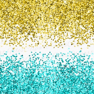 May include: A digital image of gold and turquoise glitter confetti scattered on a white background. The gold glitter is at the top of the image and the turquoise glitter is at the bottom.