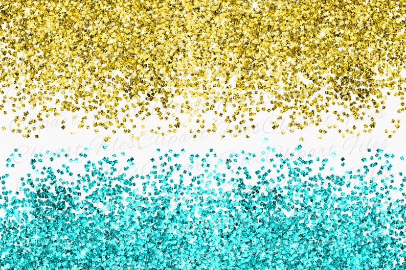 May include: A digital image of gold and turquoise glitter confetti scattered on a white background. The gold glitter is at the top of the image and the turquoise glitter is at the bottom.