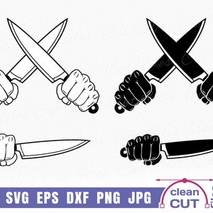 Puede incluir: Cuatro ilustraciones en blanco y negro de manos sosteniendo cuchillos. Las dos ilustraciones superiores muestran dos cuchillos cruzados en forma de X. Las dos ilustraciones inferiores muestran un solo cuchillo sostenido horizontalmente.