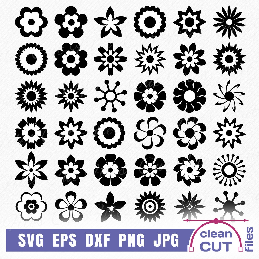 Flower Icon Silhouette SVG Set, 36 Simple Vector Abstract Flowers ...