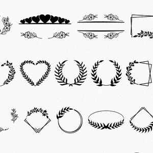 May include: A set of 20 black and white floral and leaf wreath and frame illustrations. The wreaths and frames are in various shapes, including circles, hearts, squares, and rectangles. Some of the wreaths and frames have flowers, while others have leaves.