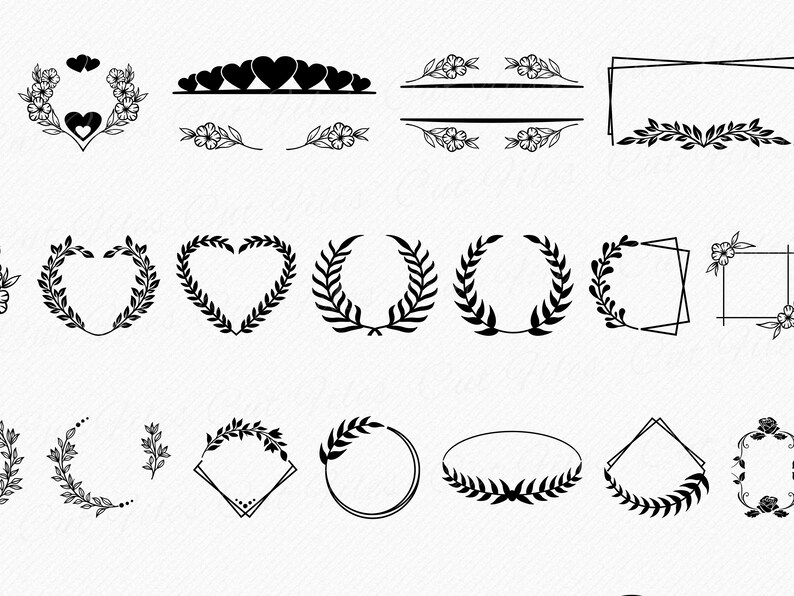 May include: A set of 20 black and white floral and leaf wreath and frame illustrations. The wreaths and frames are in various shapes, including circles, hearts, squares, and rectangles. Some of the wreaths and frames have flowers, while others have leaves.