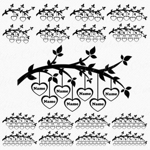 Pacchetto SVG ramo famiglia 2-17 membri Albero genealogico della vita vettore Cuori con i tuoi nomi PNG digitale - uso commerciale svg