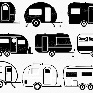 May include: A set of nine black and white silhouette illustrations of camper trailers. The trailers are various shapes and sizes, with some having rounded roofs and others having more rectangular shapes. All of the trailers have windows and doors.