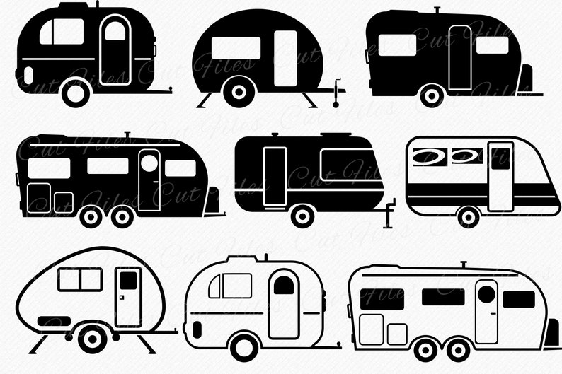 May include: A set of nine black and white silhouette illustrations of camper trailers. The trailers are various shapes and sizes, with some having rounded roofs and others having more rectangular shapes. All of the trailers have windows and doors.