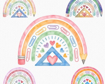 School Rainbow Clipart Set | Watercolor Classroom Rainbow PNG | Pencils Paperclips Hearts | Teacher Back to School Decor | Pastel Rainbow