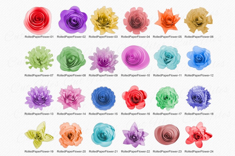 以下が含まれることがあります： さまざまな色とスタイルの24個の紙の花。花は4列に6個ずつ配置されています。花はすべて紙製で、巻かれた紙のデザインになっています。