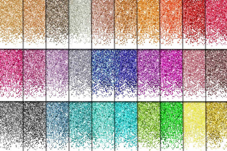 May include: A digital paper pack with 30 different glitter textures in various colors, including gold, silver, pink, blue, green, and red. The glitter textures are perfect for digital scrapbooking, card making, and other crafting projects.