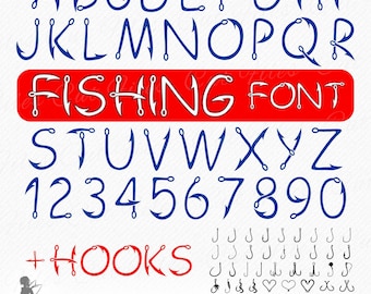Fishing Font TTF OTF SVG, Installable Fishing Hook Font, ttf otf System font, True Type Fishing Letters Alphabet + 38 Fishing Hooks