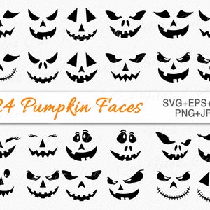 May include: A set of 24 black and white pumpkin face illustrations. The faces are in various expressions, including happy, sad, angry, and surprised. The text "24 Pumpkin Faces" is at the top of the image. The text "SVG+EPS+DXF PNG+JPG" is at the bottom of the image.