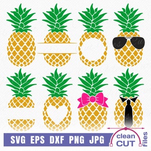 Ananas SVG Bundle Silhouette Cricut Clipart file di taglio, disegno vettoriale di frutta tropicale - occhiali da sole, cravatta, fiocco, cornice monogramma