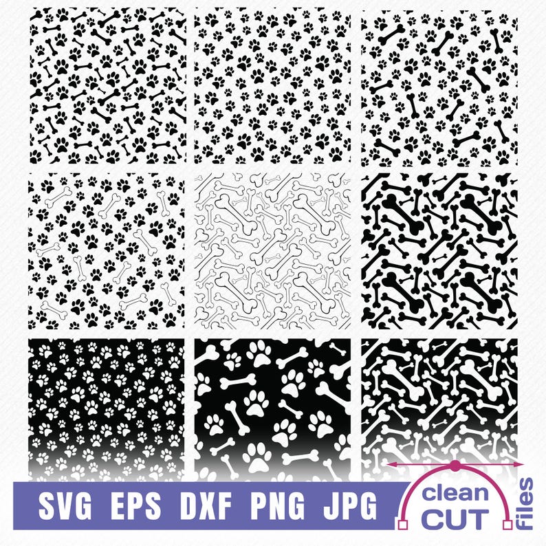 Seamless Paw and Bone SVG Pattern Bundle, Animal Paw Print Background ...