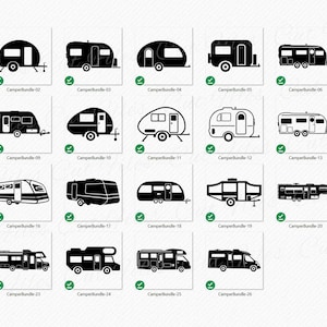 May include: A set of 26 black and white illustrations of different types of campers and recreational vehicles. The illustrations are in a simple, cartoon style.