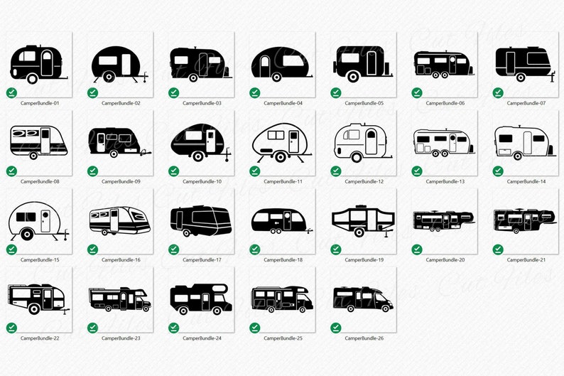 May include: A set of 26 black and white illustrations of different types of campers and recreational vehicles. The illustrations are in a simple, cartoon style.