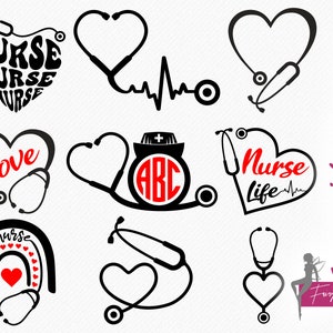 Nurse Heart SVG | Nurse Life vector files | Nursing SVG, Stethoscope, Heart, Love, Cap, Heart Line - cutting files