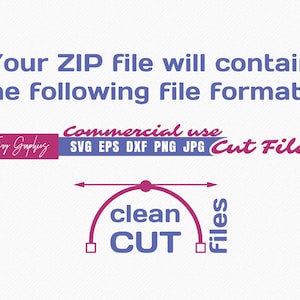 May include: A graphic showing the file formats included in a digital download. The text reads "Your ZIP file will contain the following file formats: Commercial use SVG EPS DXF PNG JPG Cut Files". A pink and blue graphic shows a protractor with the words "clean CUT" in blue and "Files" in pink.