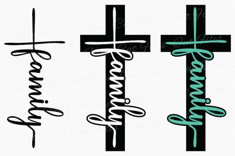 Puede incluir: Tres variaciones de una cruz negra con la palabra "familia" escrita en letra cursiva. La primera cruz tiene la palabra "familia" escrita en negro, la segunda cruz tiene la palabra "familia" escrita en blanco y la tercera cruz tiene la palabra "familia" escrita en turquesa.