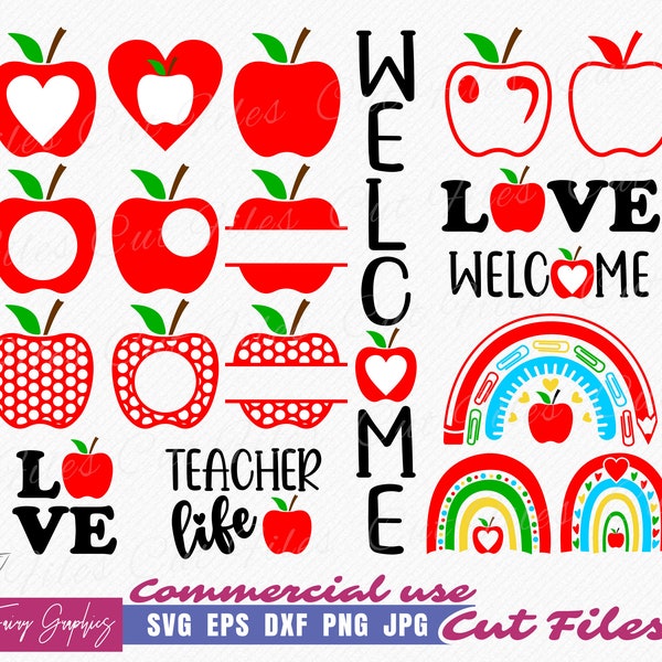 Apple SVG Bundle, Apple Monogram Name Frame SVG, Apple Rainbow SVG, Teacher Life svg, School vector cutting and Clipart Files