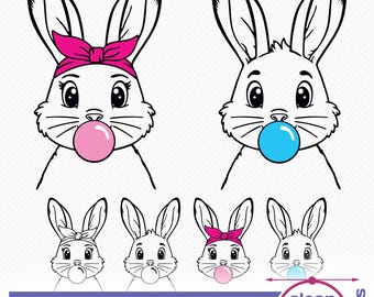 Bunny Bubblegum SVG Cute Rabbit girl with bandana and boy Easter vector cutting and clipart files