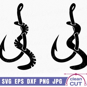 May include: Two black fishing hooks with a worm design. The hooks are intertwined and facing opposite directions.