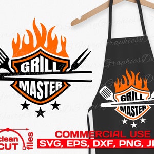 May include: A black and orange grill master logo with flames, a spatula, and a fork. The text "Grill Master" is in a white shield with three stars below. The logo is on a white background.