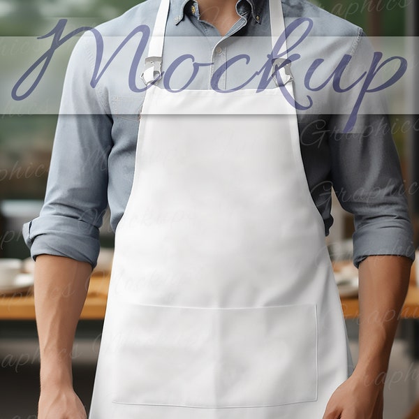 Minimalist White Apron Mockup, Chef Mockup, Half Body Young Man with Apron and blured Background