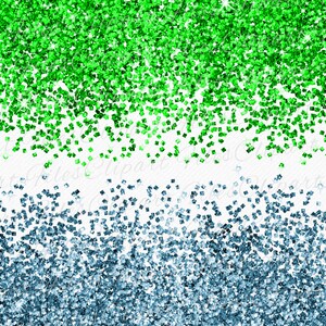 May include: Green and blue glitter confetti scattered on a white background. The glitter is in two distinct layers, with the green glitter on top and the blue glitter on the bottom.