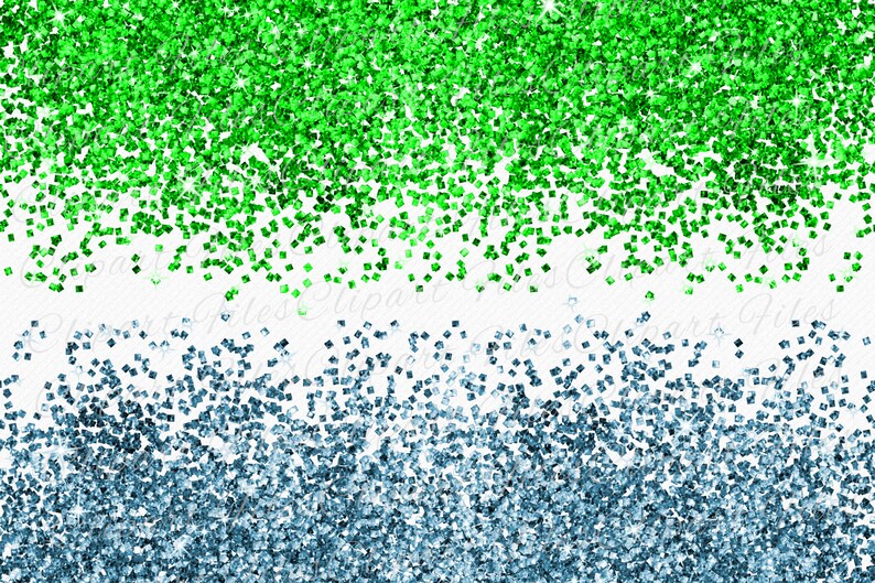 May include: Green and blue glitter confetti scattered on a white background. The glitter is in two distinct layers, with the green glitter on top and the blue glitter on the bottom.