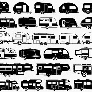 May include: A collection of 24 black and white silhouette illustrations of various types of RVs and campers. The illustrations include teardrop trailers, travel trailers, fifth wheel trailers, and motorhomes.