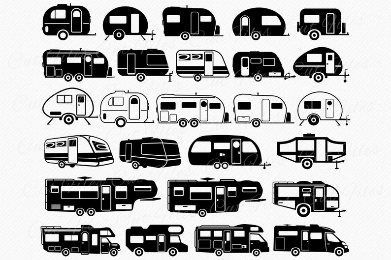 May include: A collection of 24 black and white silhouette illustrations of various types of RVs and campers. The illustrations include teardrop trailers, travel trailers, fifth wheel trailers, and motorhomes.