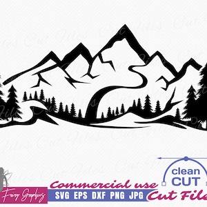 May include: Black and white silhouette of a mountain range with a winding road and pine trees in the foreground.