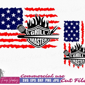 May include: A digital cut file design featuring a distressed American flag with a grill master logo in the centre. The logo is a black shield with flames and the text "Grill Master".
