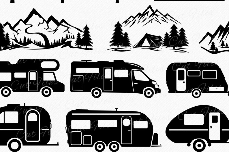 May include: Black and white silhouette cut files of a camper van, a travel trailer, and a mountain scene with a tent. The camper van and travel trailer are side views. The mountain scene is a landscape view.