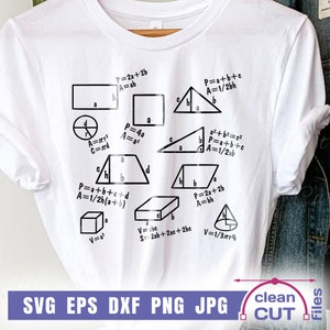 May include: A white t-shirt featuring black geometric shapes and formulas for calculating area, perimeter, and volume. The shapes include a square, rectangle, circle, triangle, parallelogram, cube, and cone.