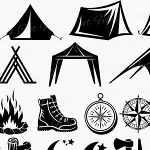 May include: Black and white silhouette illustrations of camping and outdoor adventure icons.  The icons include tents, a teepee, a campfire, a compass, a hiking boot, an axe, and a crescent moon.