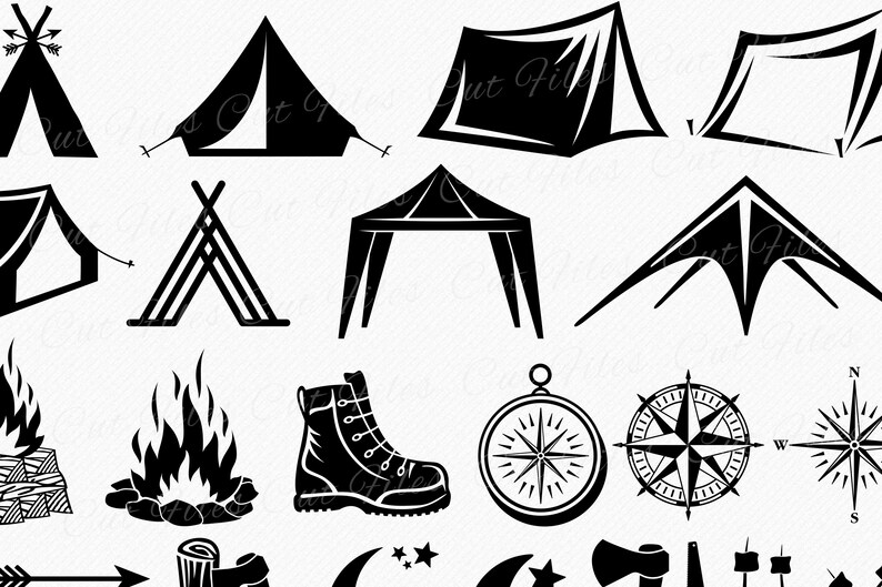 May include: Black and white silhouette illustrations of camping and outdoor adventure icons.  The icons include tents, a teepee, a campfire, a compass, a hiking boot, an axe, and a crescent moon.