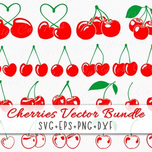 May include: A set of 18 red cherry SVG cut files, including single cherries, pairs of cherries, and cherries in a heart shape. The cherries are all outlined in black and have a green stem.