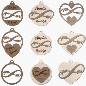 Ornamenti Infinity You and Me SVG, ornamenti di palline di Natale, palline d'amore SVG, file Glowforge tagliati al laser per Cricut, decorazioni natalizie