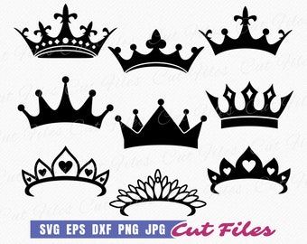 May include: A collection of nine black crown designs in various styles. The crowns feature different shapes, including pointed arches, rounded tops, and heart-shaped details. The image includes the text "SVG EPS DXF PNG JPG Cut Files" in a blue and pink banner.